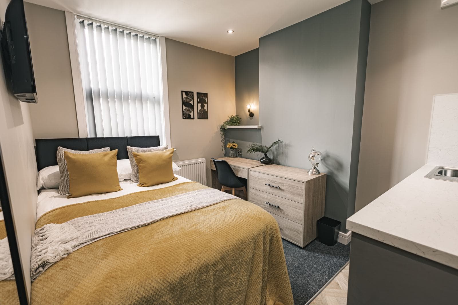 Bedroom with mustard throw